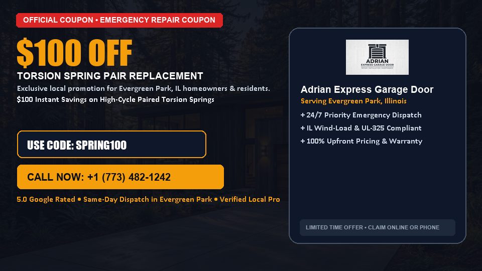 $100 OFF Dual High-Cycle Torsion Spring Replacement in Evergreen Park, IL - Adrian Express Garage Door
